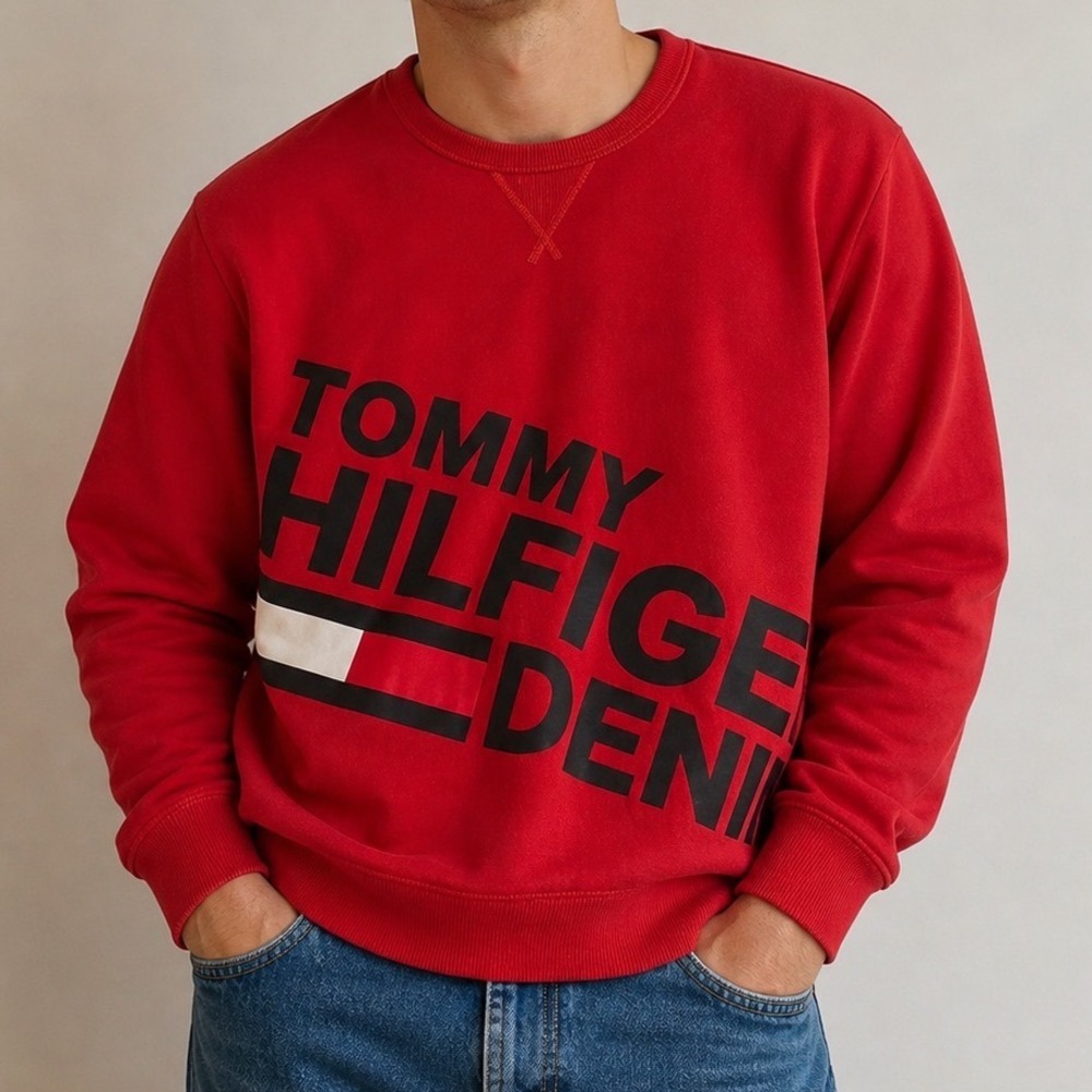 Tommy‎ Hilfiger Denim Mens Red Graphic Logo Crewneck Sweatshirt Medium Fleece L1